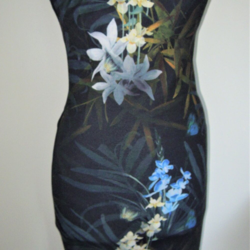 Ted Baker Black Floral Bodycon Dress with Blue and Cream Blooms